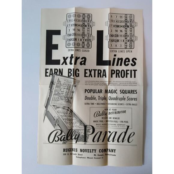 Parade Pinball FLYER Original Vintage Arcade Bingo Game Promo Artwork 1956 - Picture 1 of 4